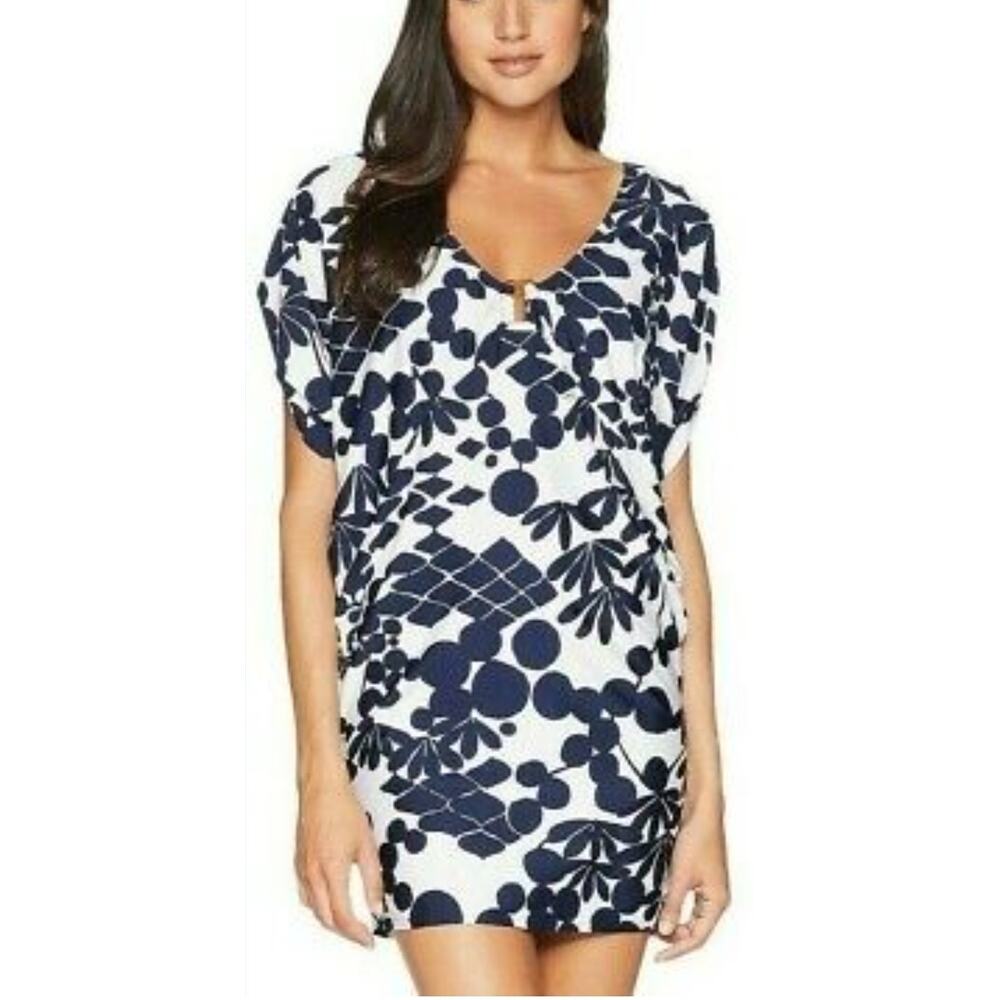 Trina Turk	Bali Blossoms Midnight Buckle Stretch Tunic Swimsuit Cover Up Size S